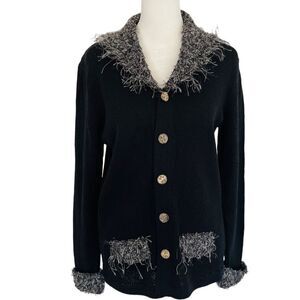 DIA black button front cardigan black sweater, eyelash trim size M.